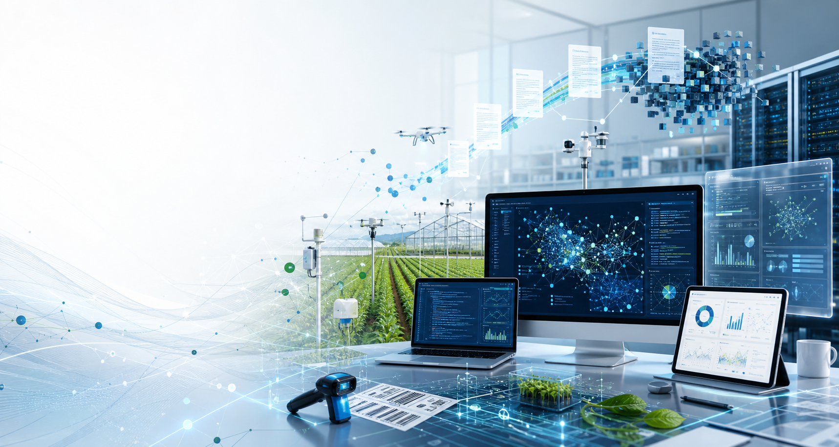 Technology visual representing AI search, agricultural data, sensor measurement and dashboards